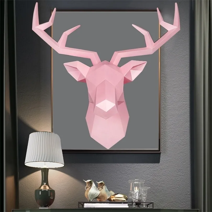 3D Deer Head Statue Decor Abstract Sculpture Home Decoration Accessories 50x49x20cm Living Room Wall Big Elk Statues Decorations T200331