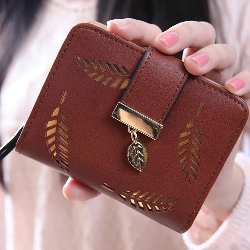 Wallets Women Leaf Bifold Wallet Leather Clutch Card Holder Purse Handbag Khaki Mini Cute Pochette FemmeWallets