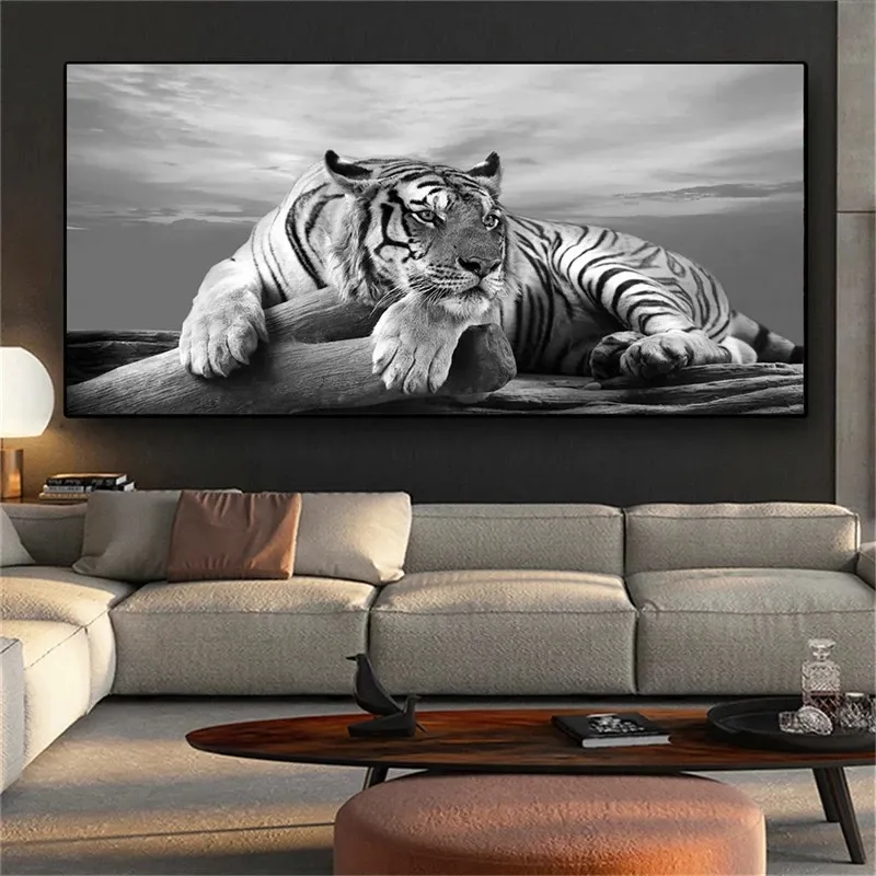 흑백 동물 호랑이 캔버스 그림 아트 인쇄 벽 예술 사진 초록 캔버스 호랑이 포스터 그림 홈 장식