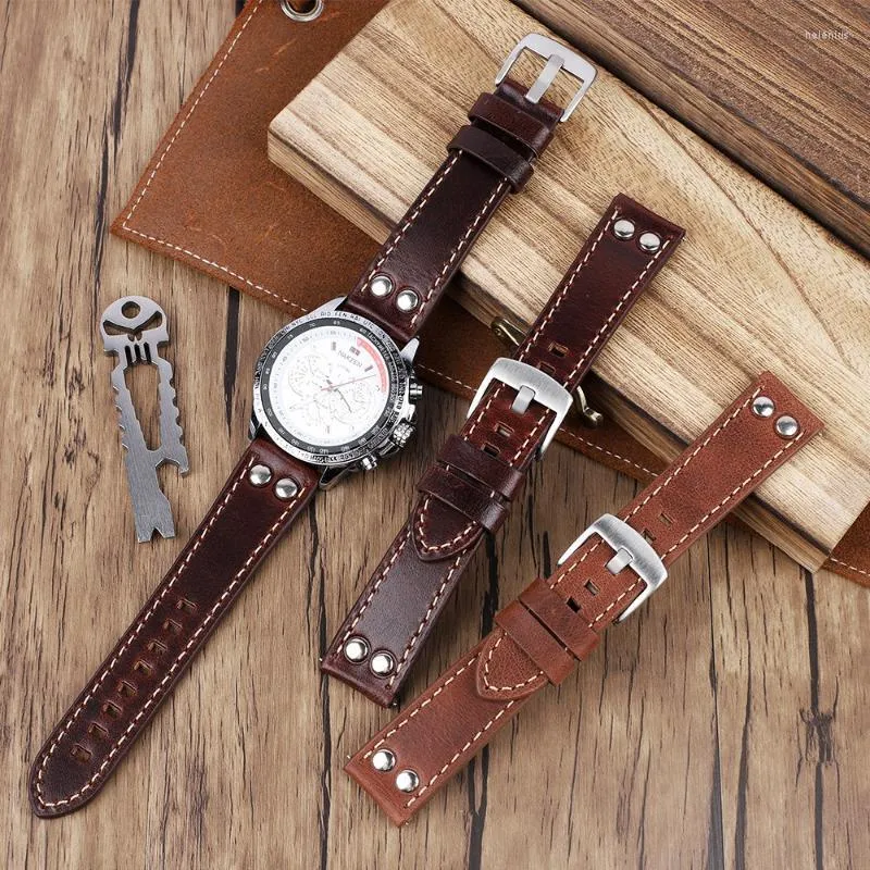 Watch Bands Handmade Genuine Leather Rivets Band Strap 20mm 22mm Coffee Brown Watchband Stainless Steel Buckle Wrist Belt Bracelet Hele22