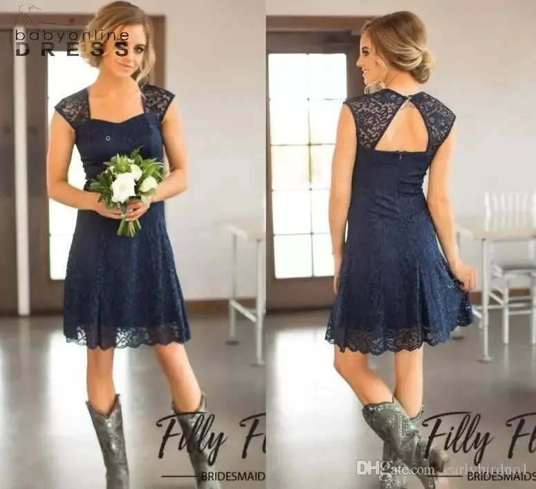 UPS Custom Made Navy Blue Full Lace Short Bridesmaid Dresses Knee Length Square Neck Sexy Hollow Back Garden Maid of Honor Gown