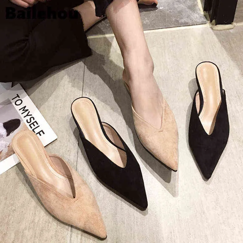 Slipper Bailehou 2023 New Summer Herd Leather Punch Shoe Donna Tacco basso Slip on Mule Outer Ladie Slide Pump 220622