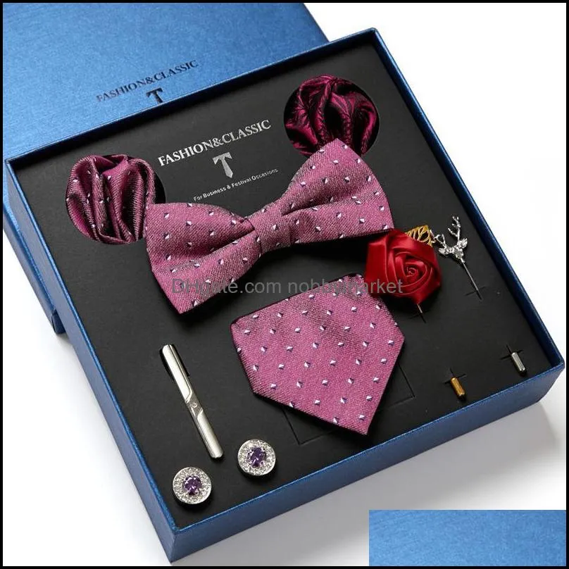 Bow Ties Factory Sale Brand Fashion 100% Silk Woven Tie Pocket Squares Cufflink Set Necktie Box Man`s Sliver Paisley Lover`s Day