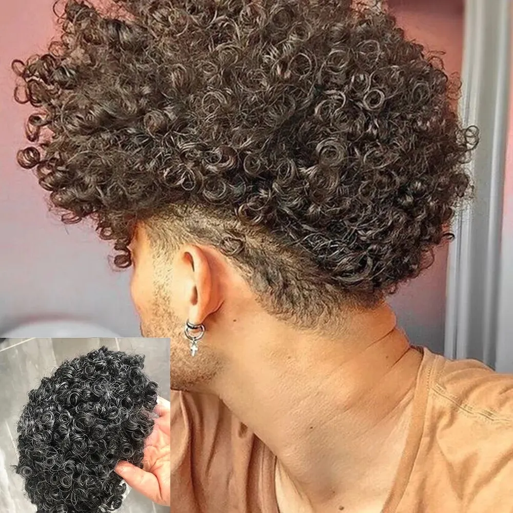 15MM Curly # 1B Off Parrucca da uomo nera Toupee per capelli umani Pelle sottile Pu Sistema di sostituzione maschile Durevole Protesi capillare Posticci Unità # 1B Colore 8x10 pollici