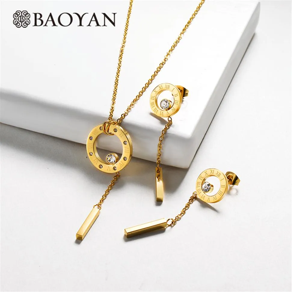 Baoyan Zirconia Bride Bijoux Ensemble Fashion Roman Numerals en acier inoxydable Ensembles de bijoux en argent d'or