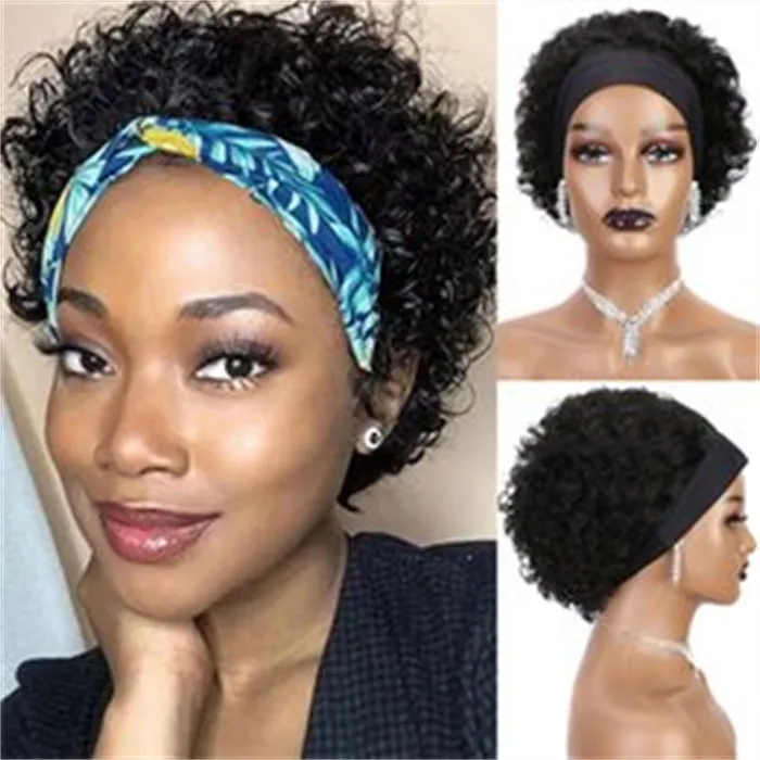 Pixie Cut Band Wig Human Hair Water Wave Full Machine fez Wigs curtos curtos para mulheres negras