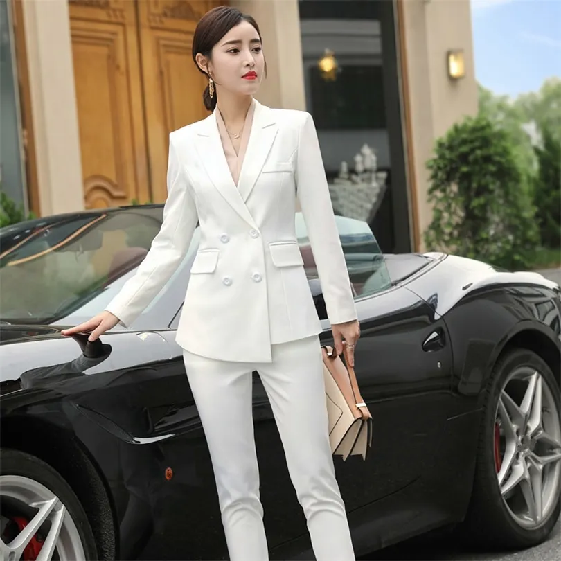 Costumes pour femmes de haute qualité pantalons blancs costume 2019 automne et hiver slim veste à double boutonnage blazer femme vêtements de bureau T200818