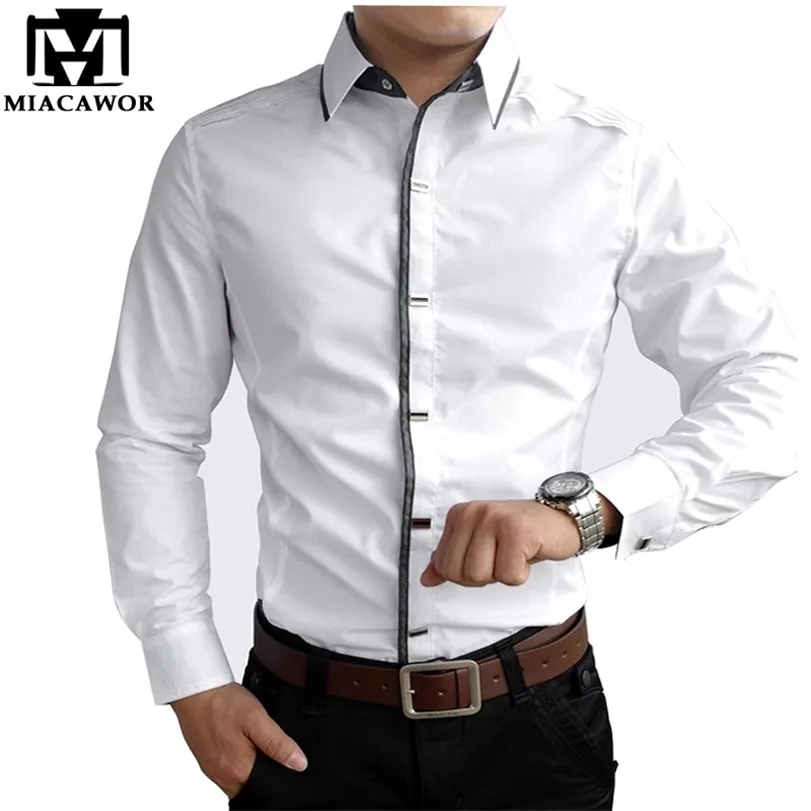 MIACAWOR Top qualité chemise hommes 100% coton robe s printemps manches longues décontracté mariage blanc s C013 220324