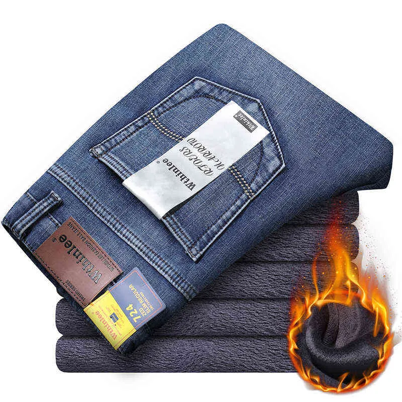 Fleece Warme Männer Jeans 2021 Neue gerade Winter Classic Business Casual Verdickung Elastic Marke Pants Blue Black Grey Jeans G0104