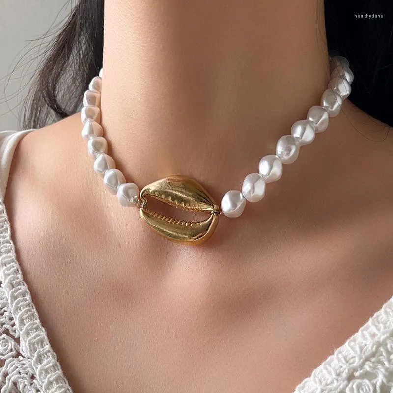 DIEZI Baroque Imitation Pearl Choker Necklace Bohemian Gold Shell Pendant For Womens Clavicle