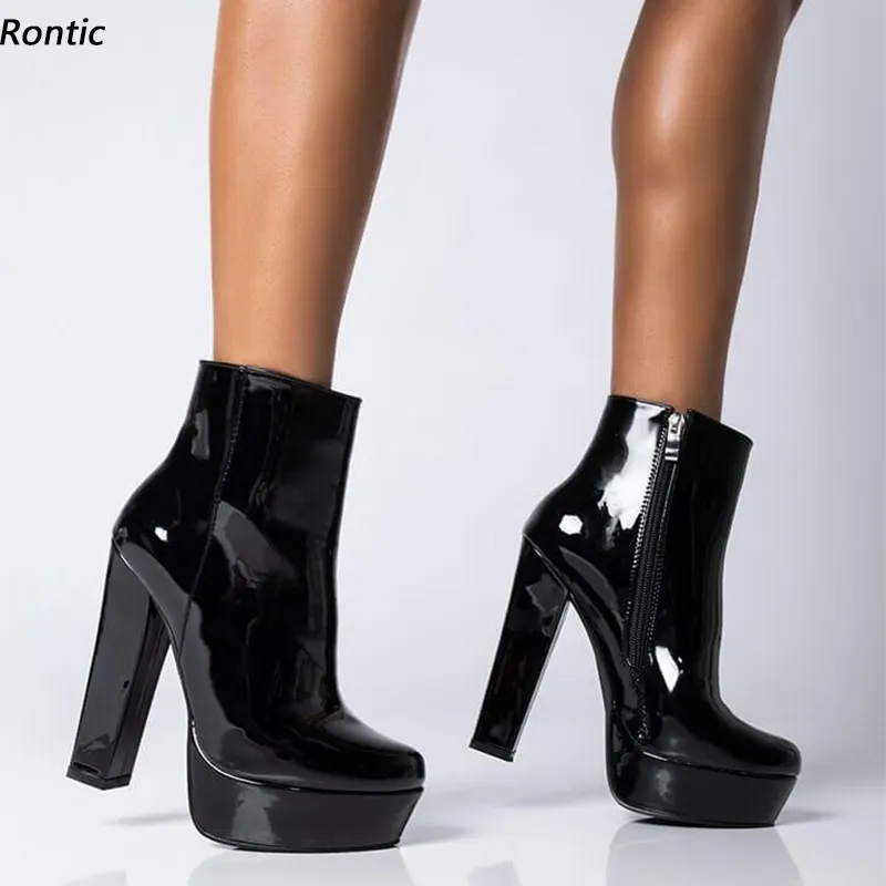 Rontic New Stylish Ladies Winter Ankle Boots Patent Leather Stable Chunky Heels Round Toe Pretty Black Party Shoes US Size 5-20