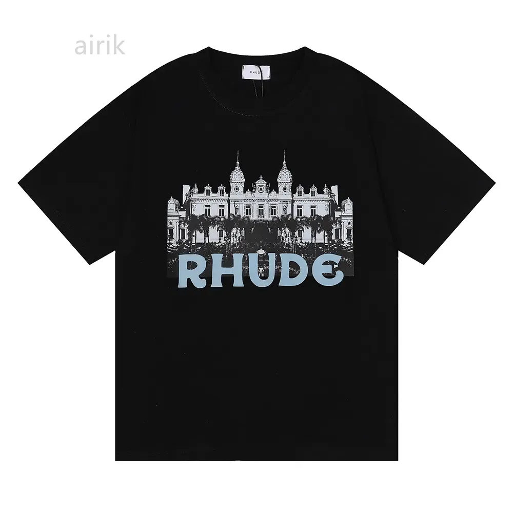 Новые мужские футболки-дизайнер Rhude Casino Роскошная летняя нишевая тенденция HD Castle Print Футболка с коротким рукавом EA4G
