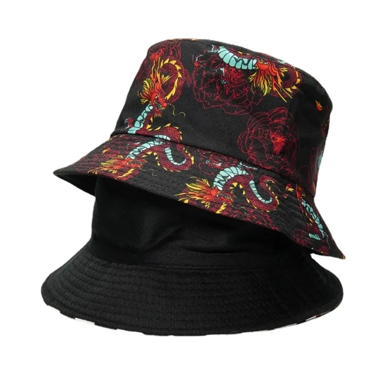 Корейская мода Harajuku Обратимое ведро с мужскими драконом печати хип -хоп шапки рыбацкий рыбацкий рыбак 220617