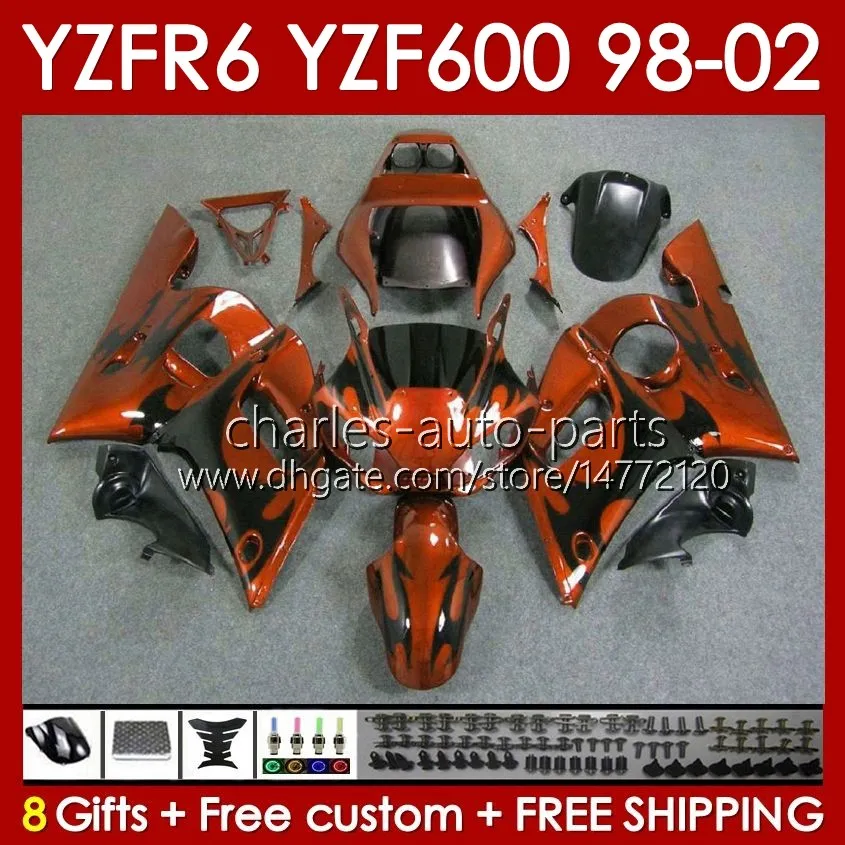 Kit Bodys para Yamaha YZF R6 R 6 YZF600 600CC 98-02 Bodywork 145No.44 YZF 600 CC YZF-600 YZFR6 98 99 00 01 02 Frame YZF-R6 1998 1999 2000 2001 2002 Full Fairing Flames