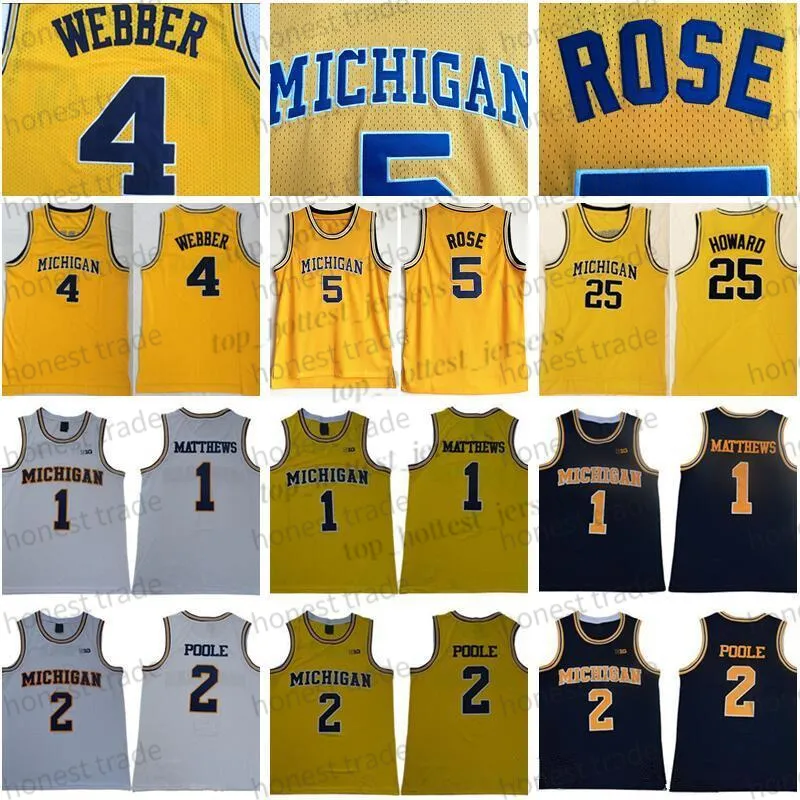 5 Jalen Rose Michigan Wolverines Jersey 4 Chris Webber 25 Juwan Howard 1 Charles Matthews 2 Jorda Poole College Basketball Yellow Men Białe koszulki mundury