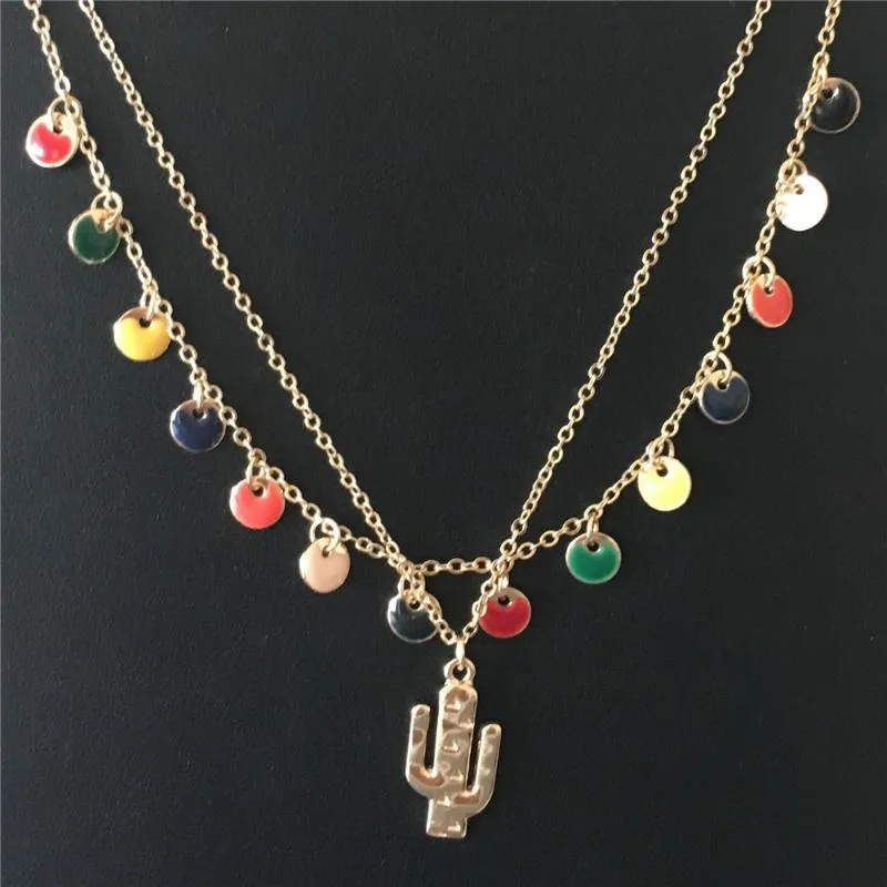 Pendant Necklaces Summer Vacation Gold Color Plating Colorful Enamel Round Disc Charm With Cactus Layered Necklace For Women GirlPendant