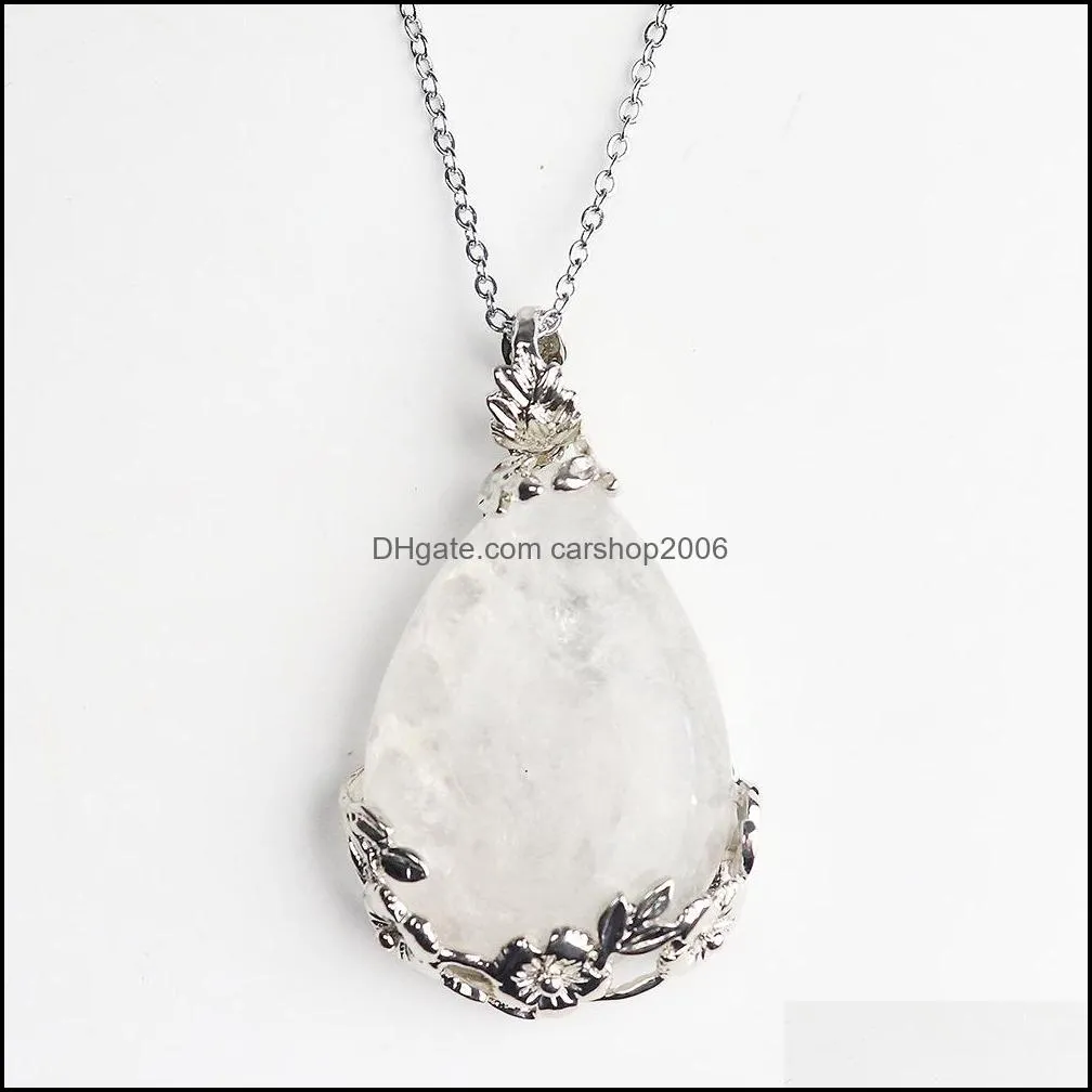 flower edged water drop natural stone opal crystal pendant necklace chakra healing jewelry for women men carshop2006