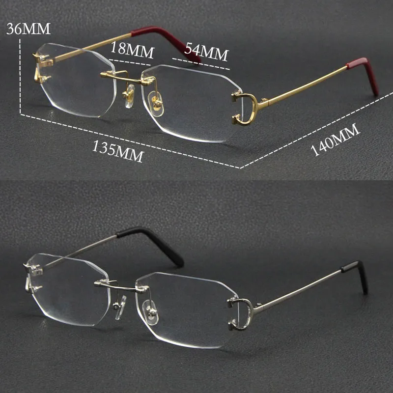 Nuevo Metal Sin montura Lujo Corte de diamante Gafas Marcos de lectura Mujeres Anteojos Gafas cuadradas grandes con caja 18K Oro Moda Óptica Marco miope masculino y femenino Caliente