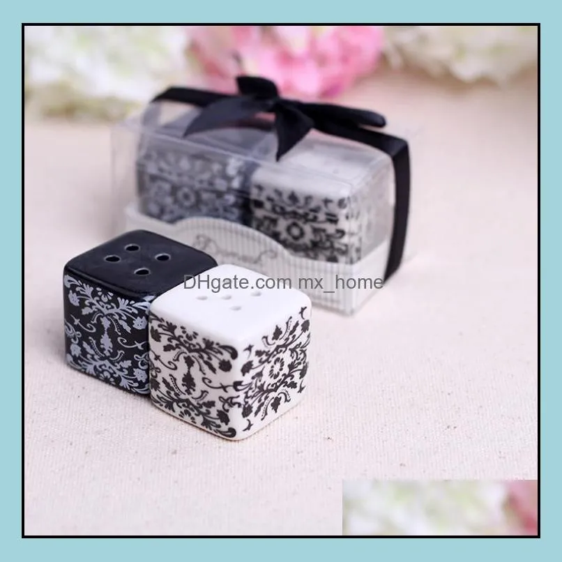 hot free shipping 100pairs/lot=200pcs to sg wholesale wedding favors and gifts of ceramic damask salt pepper shakers sn953