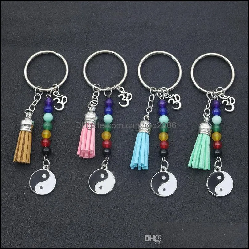 wholesale handmade colorful seven chakras Yoga Keychain personality Tai Ji pendant tassel Keyfob Metal fitness key rings