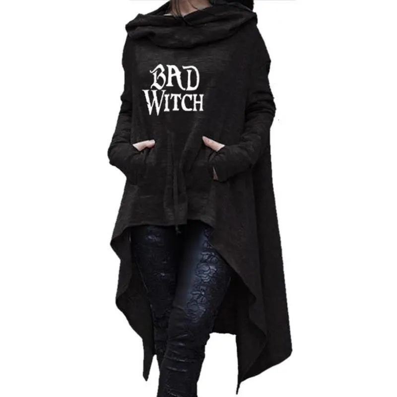 Kvinnors hoodies tröjor halloween dålig häxa bokstäver tryck lång oregelbunden för kvinnor toppar tröja femmes kawaii lösa klänning klänning klänning