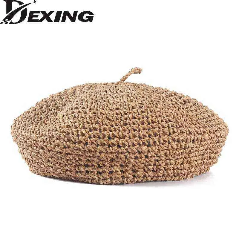 Summer Raffia Beret Women Breathable Craft Weave Straw Hat Retro Literary Pure Color Painter Sun Hat J220722