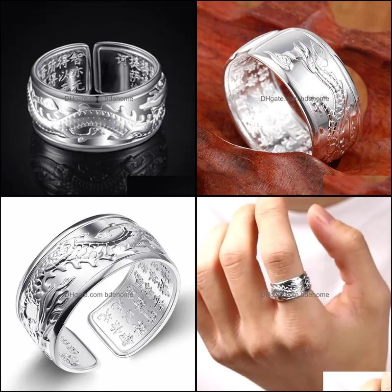 silver rings original flying dragon big non-mosaic aristocratic domineering open adjustable men`s ring