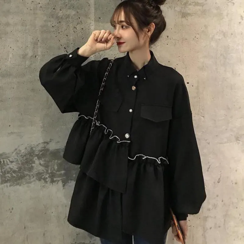 Women's Blouses & Shirts Women Blouse Tops Fashion Irregular Shirt Turn Down Button Office Ladies Work Wear Elegant Black Asymmetrical