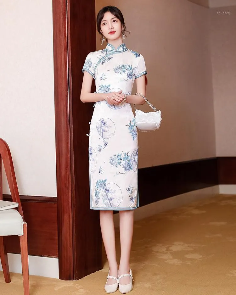 Women Elegant Short Sleeve Print Cheongsam Chinese Traditional Stand Collar Tight Bodycon Qipao Ethnic Clothing