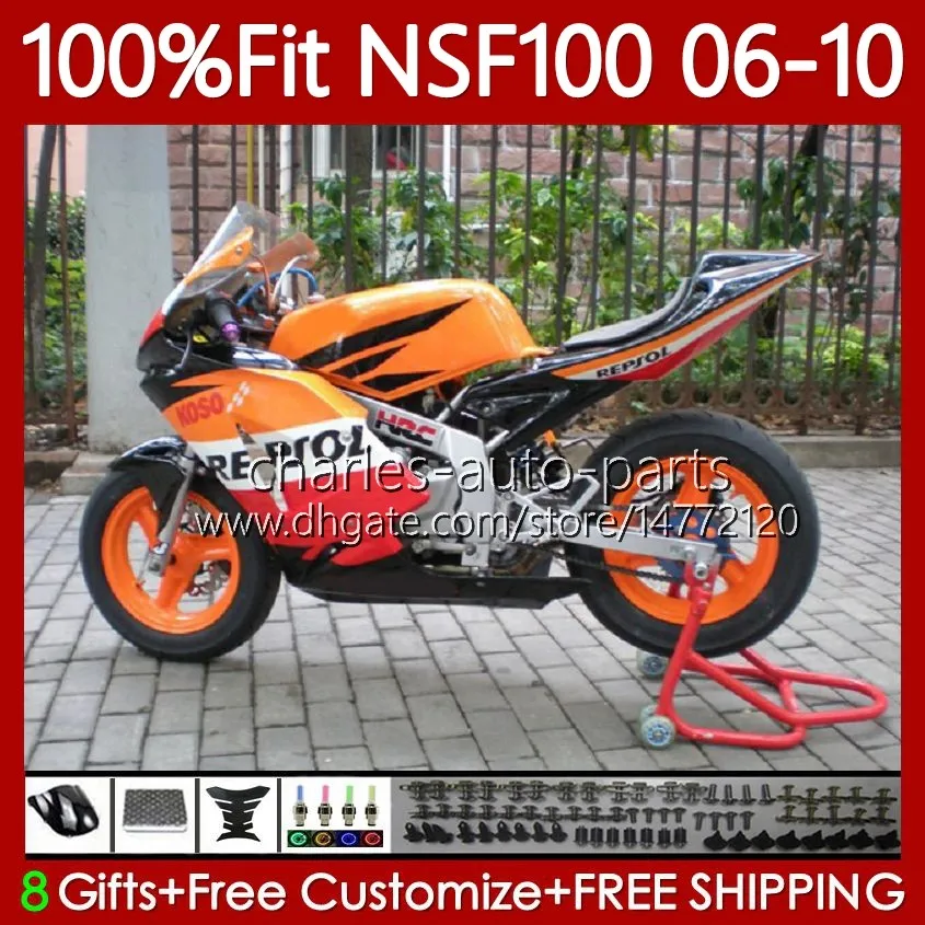 Corps de moulage par injection de fibre de verre pour HONDA NSF-100 NSF 100 Carrosserie 116No.9 NSF100 Repsol Orange nouveau 06 07 08 09 10 NS-F100 2006 2007 2008 2009 2010 Carénage de course en fibre de verre