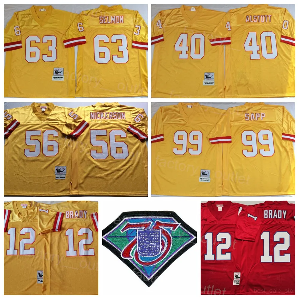 Camisas de futebol Mitchell e Ness Vintage Retrocesso de futebol 12 Tom Brady Jersey 75º aniversário 63 Lee Roy Selmon 99 Warren Sapp 40 Mike Alstott 56 Hardy Nickerson