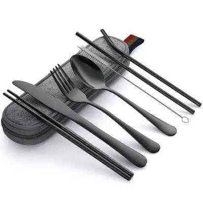 8pcs/conjunto de tabela de talheres reutilizáveis ​​utensílios de acampamento conjunto com colher de aço inoxidável pauzinhos de palha de palha y2205530