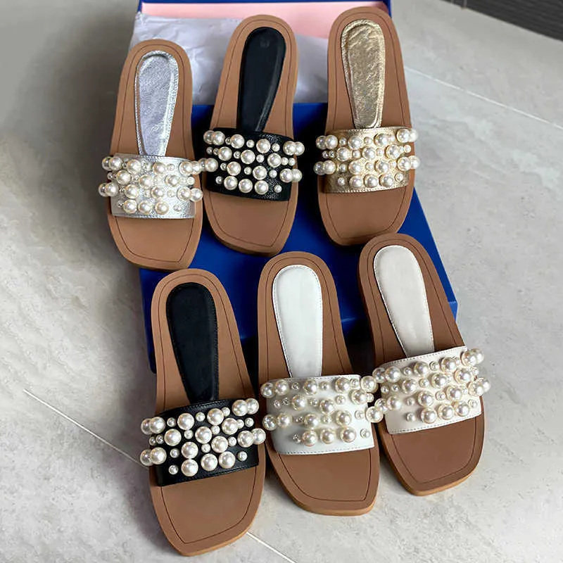 نساء Goldie Slide Designer Mules Sandals Pearls Sliders antasies top Quality Lambbskin Black White Flat Flat Slippers Ladies Beach Rubber Flip