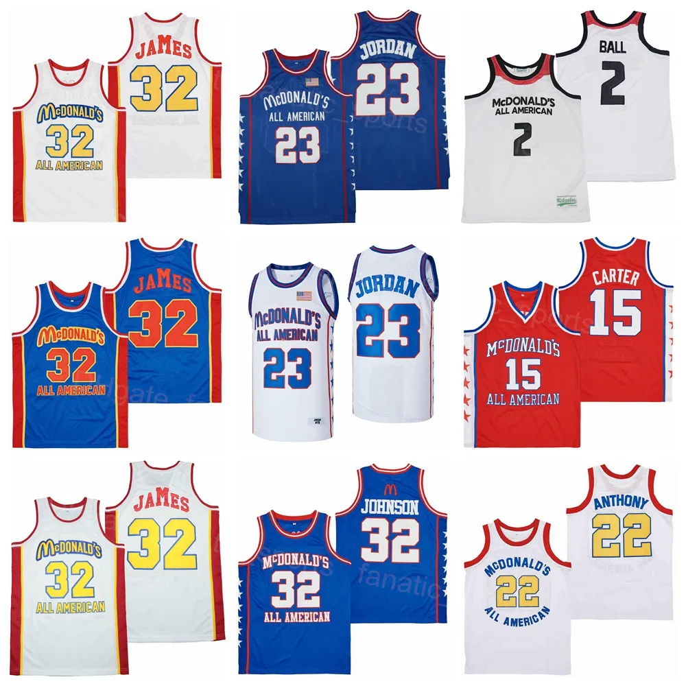 Мужчины MCDONALDS Movie ALL AMERICAN Basketball Jersey LONZO BALL 2 Vince Carter 15 MAGIC JOHNSON 32 LEBRON JAMES 23 Carmelo 22 Hip Hop All Stitched Sport Синий Белый Красный