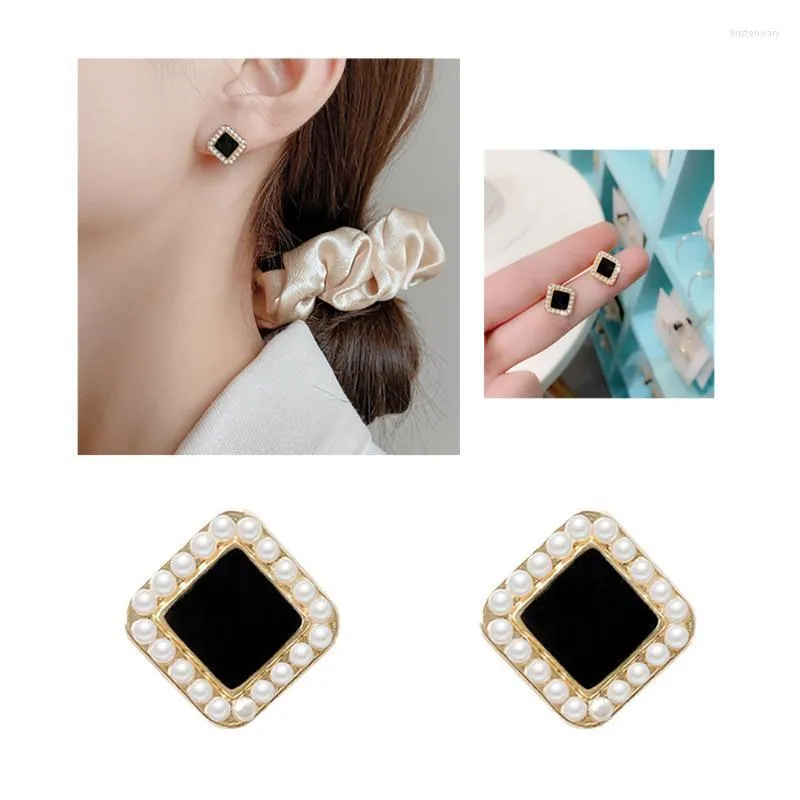 Stud Square Black Oil Drop Pearl Earrings For Women Korean Personality All-match Small Simple Jewelry Gift Wedding AccessoriesStud Kirs22