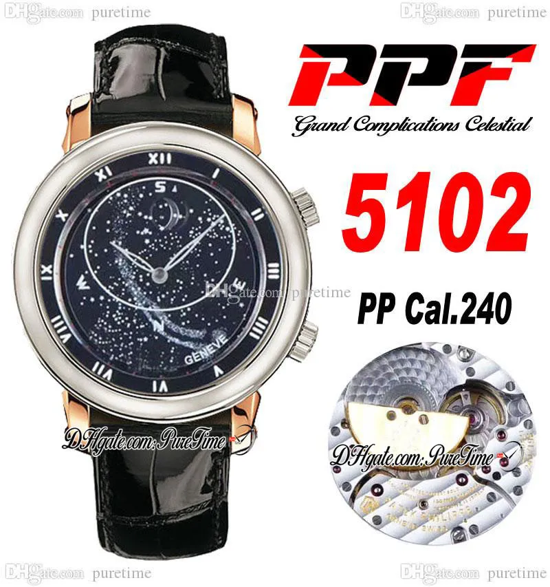 PPF 5102 Celestial Grand Complication A240 자동 남성 시계 3D 조각 2 톤 로즈 골드 스틸 케이스 스카이 블랙 다이얼 스틸 스트랩 슈퍼 에디션 PTPP D4