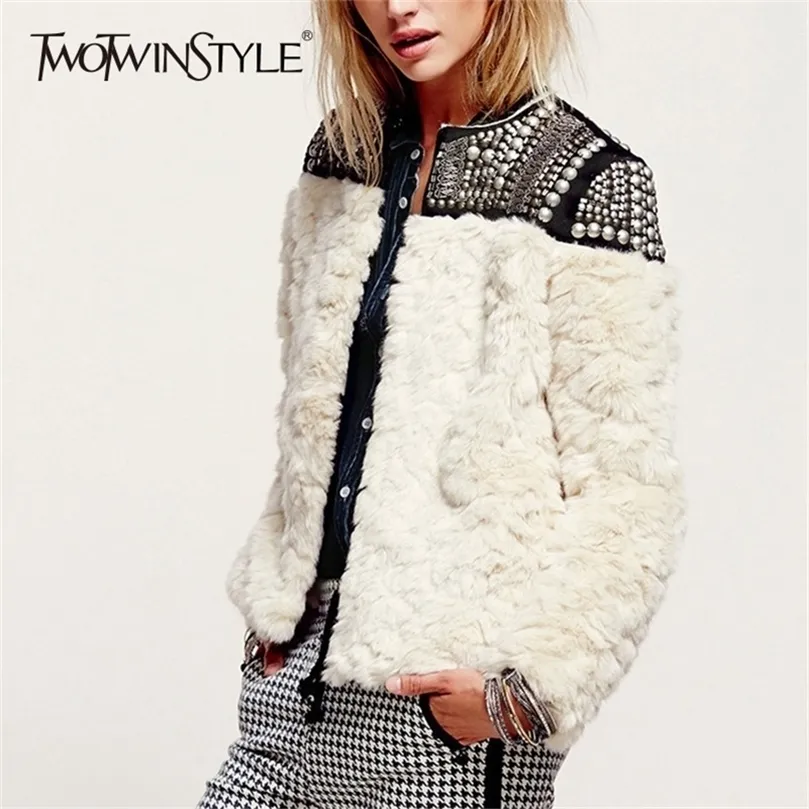 Twotwinstyle Fleece Rivet Coat for faux Faux Fur Patchwork長袖太いカーディガン冬の冬虫服201214