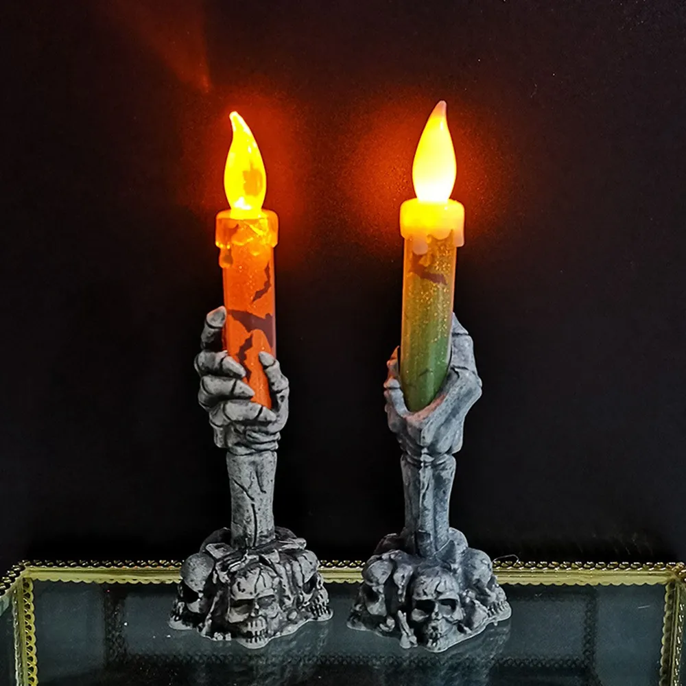 Halloween LED Lumières Horreur Crâne Fantôme Tenant Bougie Lampe Happy Holloween Décoration De Fête pour La Maison Maison Hantée Ornements