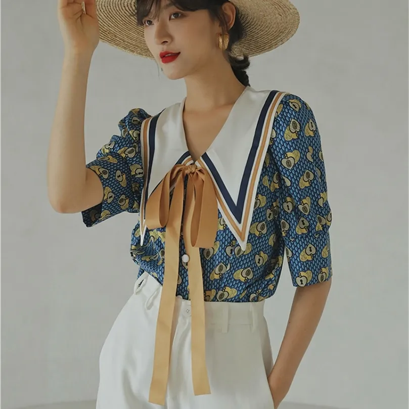 Cheerart 빈티지 블라우스 여름 탑 블루 퍼프 슬리브 칼라 셔츠 여성 느슨한 디자이너 숙녀 넥타이 탑 한국 패션 의류 220527