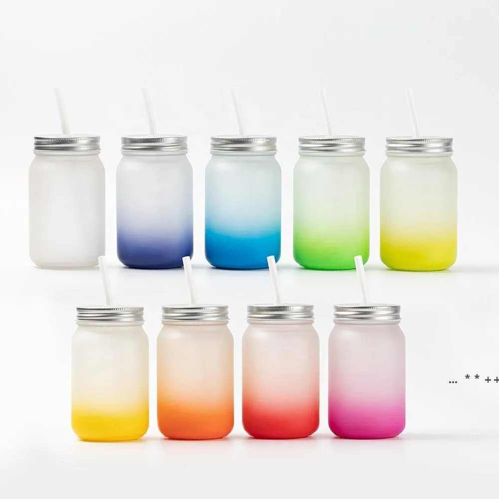 16oz Sublimation Gradient color tumblers Frosted glass mason jar blank Glasses tumbler with handle screw lid 8colors by sea GCB14740