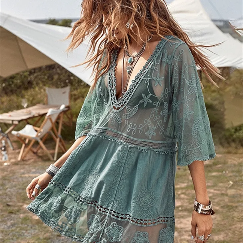 Deep V Neck Boho Beach Outing Sheer Sexy Lace Tunic Pareo Swimwear Summer Vintage Short Dress Holiday Cover Up 220707