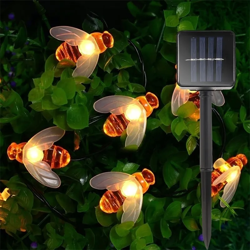 Solar Powered Cute Honey Bee Led String Fairy Light 20leds 30leds Outdoor Garden Fence Patio Christmas Garland Lights Y201006