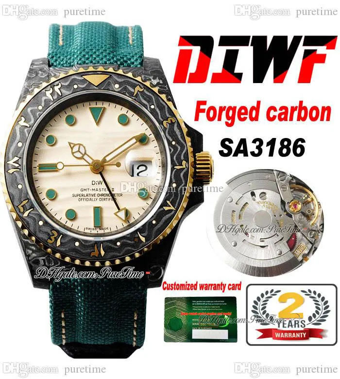 Diwf GMT II SA3186 Automático Homens de fibra de carbono Caso de ouro Amarelo Script árabe script bege Dial Green Nylon Strap Super Edition PureTime B2
