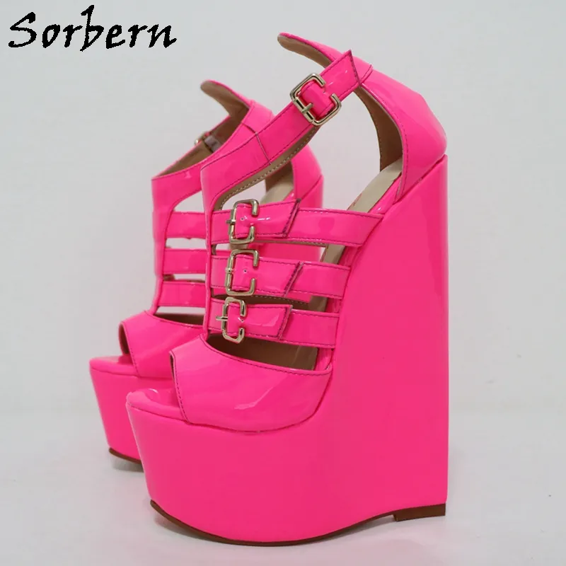 Sorbern Neon Hot Pink Cut Out Wedge Heels 20cm High Heel Platform