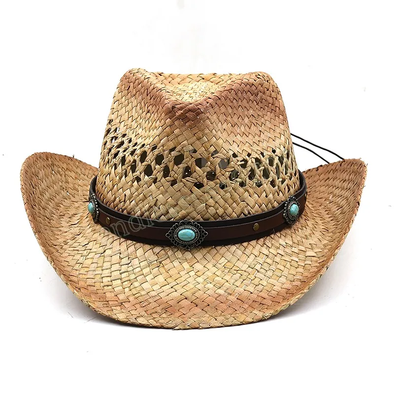 Hommes de plage de plage Cowboy Femmes 100% paille naturel Panama Capeur de capuche Cow décorer des chapeaux larges à bords larges pour un chapeau masculin kaki d'été