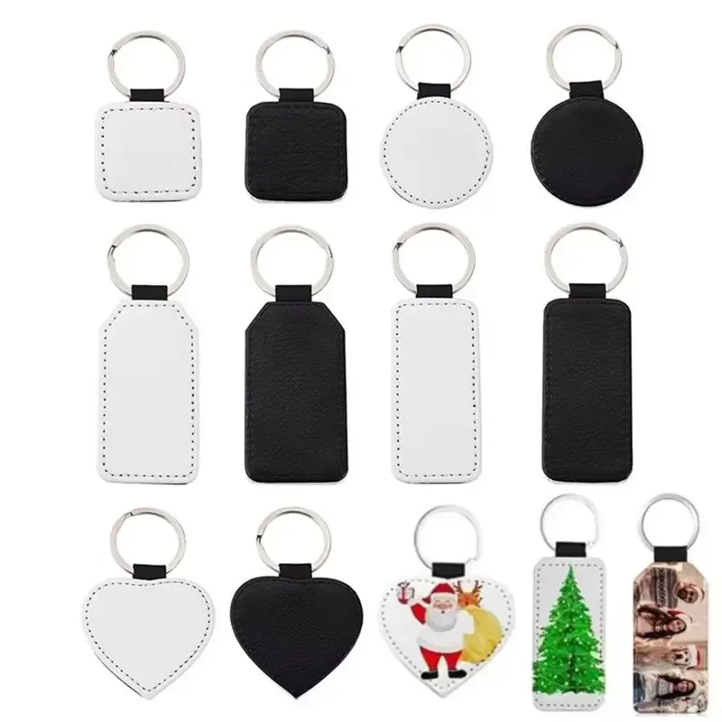 Bevorzugen Sie Geschenk-Sublimationsrohlinge aus PU-Leder-Schlüsselanhänger mit Schlüssel-Metallring, einseitig bedruckter Wärmeübertragung für Weihnachts-Schlüsselanhänger, Schlüsselanhänger, DIY-Bastelbedarf