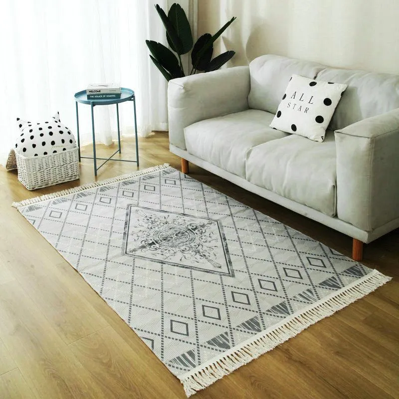 Teppiche Nordic Grau Weiß Für Wohnzimmer Vintage Marokko Teppich Schlafzimmer Baumwolle Gewebt Bereich Teppich Türkei Amerikanischen Stil TeppichTeppiche