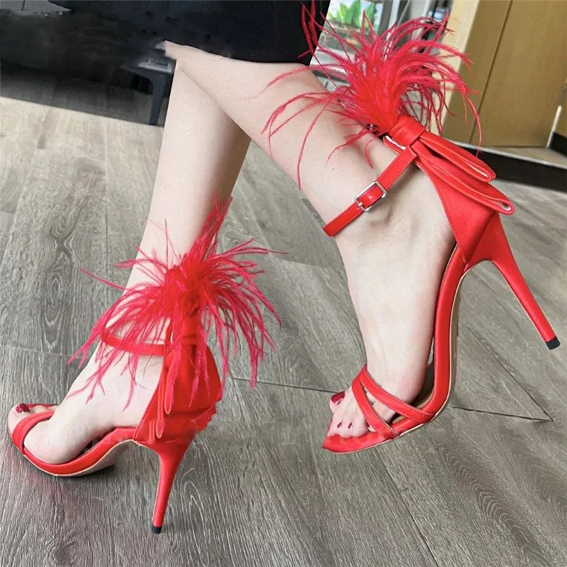 Designer Banquet Sandals Sexy Tassels Feather Decor Women Ankle Buckle