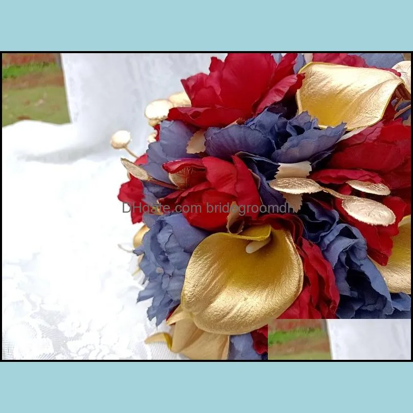 Bridal Flower Cascading Bouquet Red Roses Golden Calla Lily Waterfall Wedding Flowers Artificial Handmade Brooch Noiva