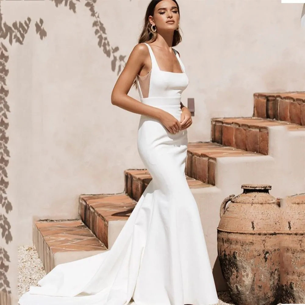 knee length dresses for ladies Charming Mermaid Square Neck Lace Long Wedding Dresses with Appliques  AB082404 – Anniebride main image 1